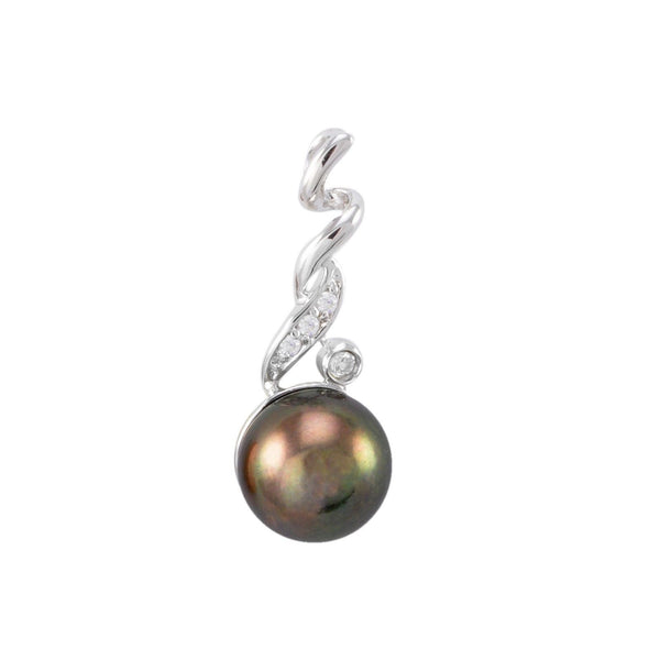 Sterling Silver Genuine Freshwater Black Pearl Pendant CZ Fancy Twisted Top - Jewelryland.com