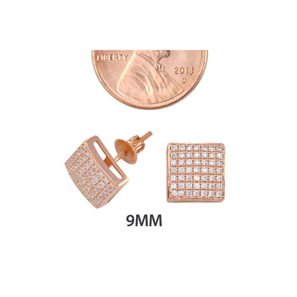 Iced Out Stud Earrings Sterling Silver Rose Gold 9mm Puffy Square Dome - Jewelryland.com