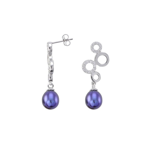 925 Sterling Silver Black Pearl Dangle Earrings with 4 Large White CZ Circles - Jewelryland.com