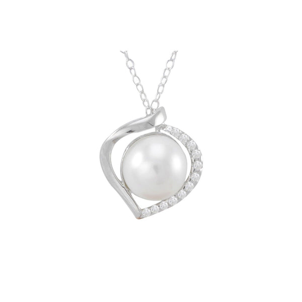 925 Sterling Silver Genuine Freshwater Pearl Necklace with CZ on 1 Side - Jewelryland.com