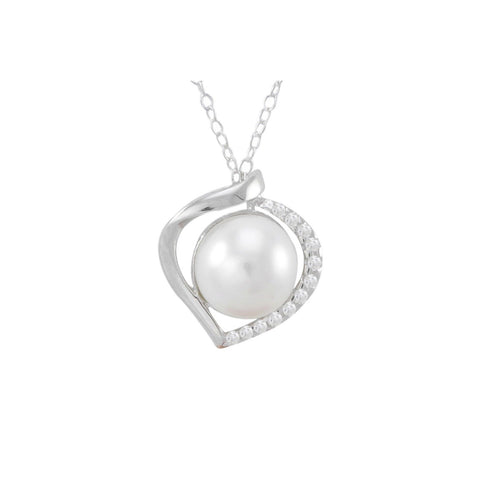 925 Sterling Silver Genuine Freshwater Pearl Necklace with CZ on 1 Side - Jewelryland.com