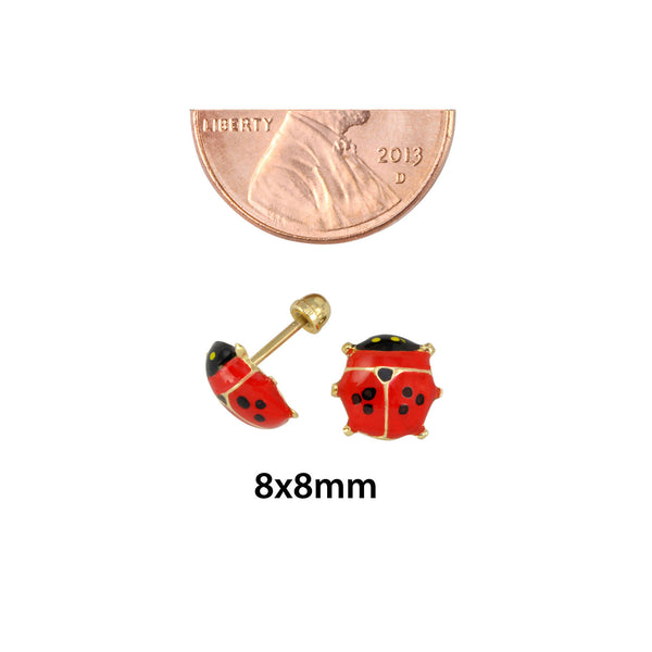 10k Yellow Gold Lady Bug Screwback Stud Earrings Hand Painted Red and Black 8x8 - Jewelryland.com