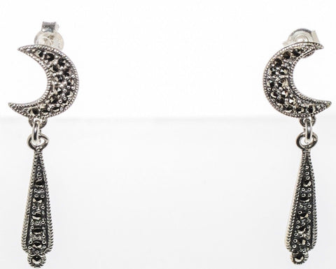 Moon Earrings for Women .925 Sterling Silver Marcasite Post Teardrop Dangle - Jewelryland.com