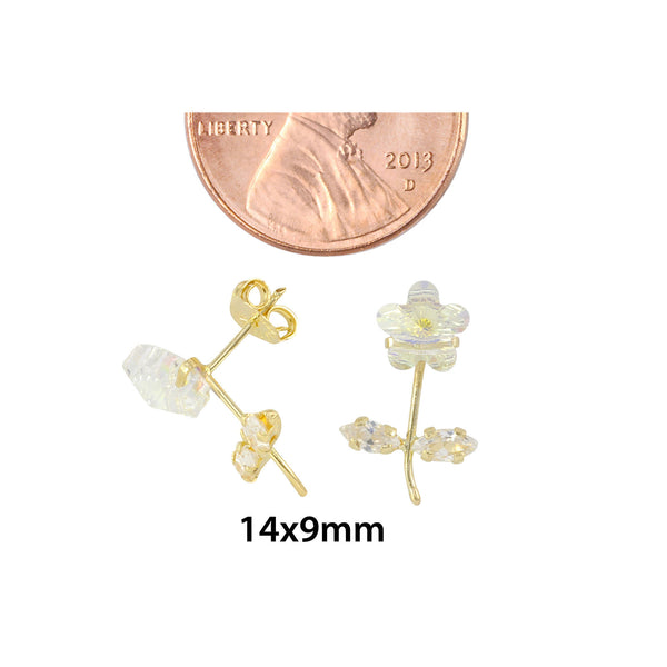 10k Yellow Gold CZ Flower with Stem Stud Earrings with Pushbacks 14mm x 9mm - Jewelryland.com
