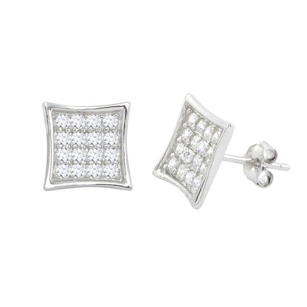 Sterling Silver Micropave Stud Earrings Lightweight Kite Shaped Clear CZ 9mm - Jewelryland.com