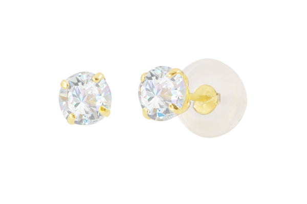 14k Yellow Gold Clear Round Basket Cubic Zirconia Stud Earrings Silicone Backs - Jewelryland.com