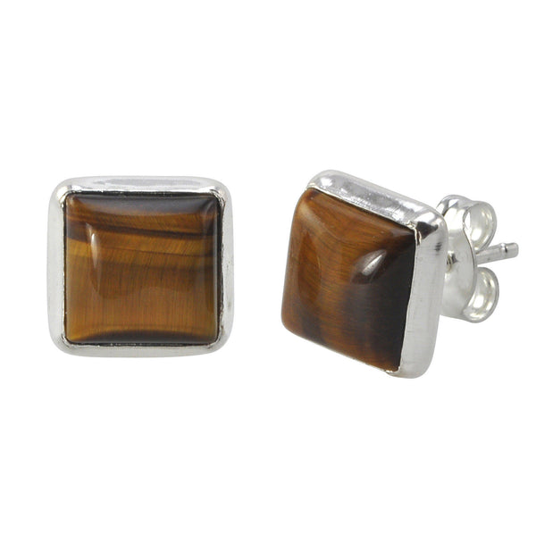 Tigers Eye Stud Earrings 925 Sterling Silver 9mm Square - Jewelryland.com