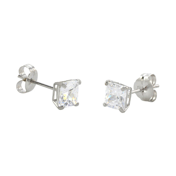 10k White Gold Square Stud Earrings Clear CZ Cubic Zirconia Princess Cut Basket - Jewelryland.com