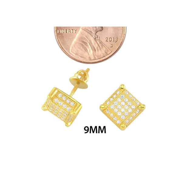 Mens Womens Stud Earrings Sterling Silver Yellow Gold Micropave CZ 9mm Square 3d - Jewelryland.com