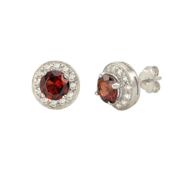 Garnet Gemstone Stud Earrings 925 Sterling Silver Round Gem CZ Accent - Jewelryland.com