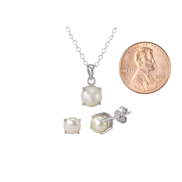 925 Sterling Silver Pearl Gemstone Pendant Necklace and Earrings Set - Jewelryland.com