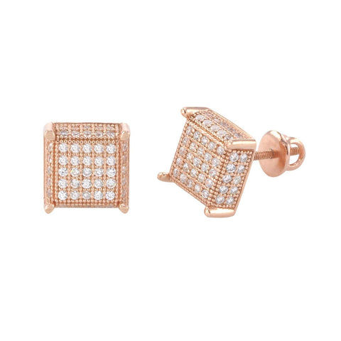Screwback Earrings Sterling Silver Rose Gold 9mm Square 3d 2 Row CZ Sidestones - Jewelryland.com