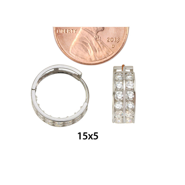 Huggie Hoops Earrings 14k White Gold Cubic Zirconia 2 Row 14mm x 5mm - Jewelryland.com