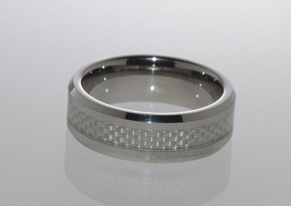 Tungsten Carbide Band Ring Grey Carbon Inlay Low Beveled Edge Fiber 8mm Wide - Jewelryland.com