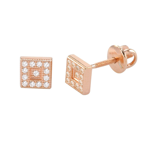 Screwback Stud Earrings Sterling Silver Rose Gold 5mm CZ Square Center Inset - Jewelryland.com