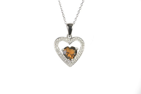 Sterling Silver Diamond and Smoky Quartz Heart Necklace w Heart Stone, 18" Chain - Jewelryland.com