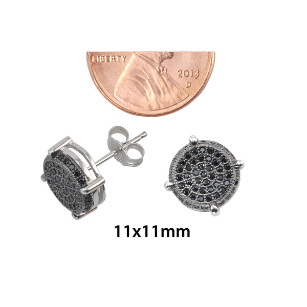 Sterling Silver Micropave Stud Earrings Round Black CZ 3d Side Stones 11mm x 11 - Jewelryland.com