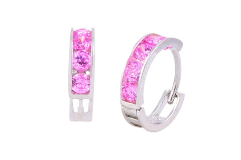 Pink CZ Hoops Huggie Earrings Hinged .925 Sterling Silver 14mm - Jewelryland.com