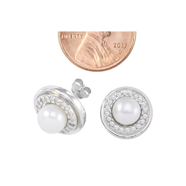 White Freshwater Pearl Stud Earrings Fancy White Circle CZ Sterling Silver - Jewelryland.com