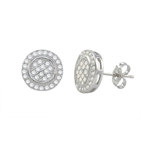 Micropave Earrings 925 Sterling Silver Circle with Circle Frame 11mm x 11mm - Jewelryland.com