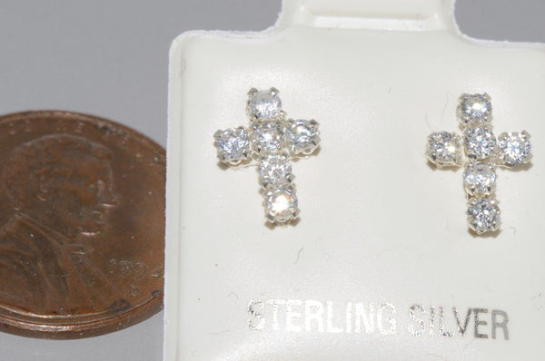 Cross Earrings Cubic Zirconia Sterling Silver Studs Micro Pave Cute 9mm - Jewelryland.com
