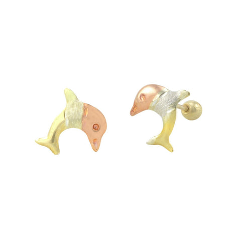10k Tri Color Gold Dolphin Stud Earrings Screwbacks White CZ Cubic Zirconia - Jewelryland.com
