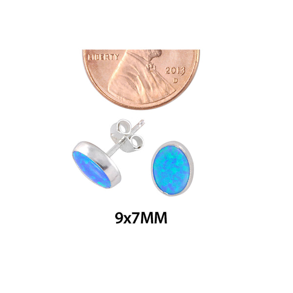Sterling Silver Blue Green Opal Gemstone Stud Earrings Oval 7mm x 9mm - Jewelryland.com