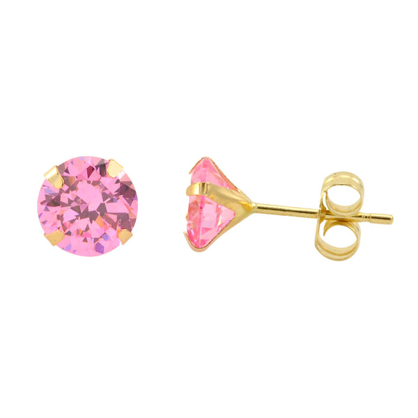 14k Yellow Gold Pink CZ Earrings Round Cubic Zirconia October Birthstone Studs - Jewelryland.com