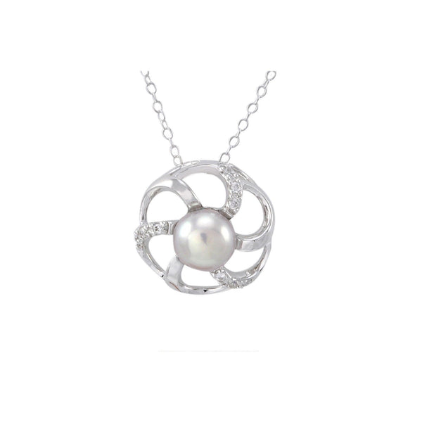 Pink Pearl Flower Necklace 6 Petal with White CZ .925 Sterling Silver, 18" Chain - Jewelryland.com