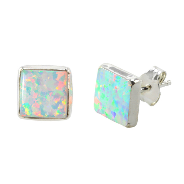 White Opal Stud Earrings Sterling Silver 9mm Square - Jewelryland.com