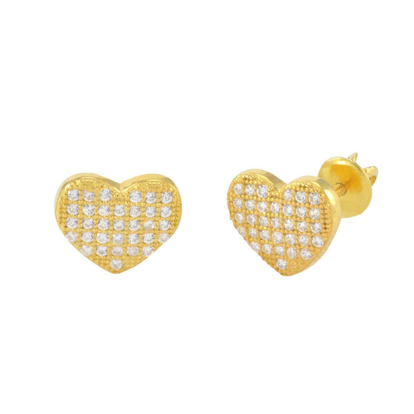 Heart Earrings Screwback Studs Sterling Silver Yellow Gold 8mm Micropave CZ - Jewelryland.com