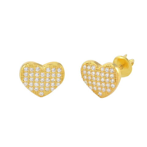 Heart Earrings Screwback Studs Sterling Silver Yellow Gold 8mm Micropave CZ - Jewelryland.com