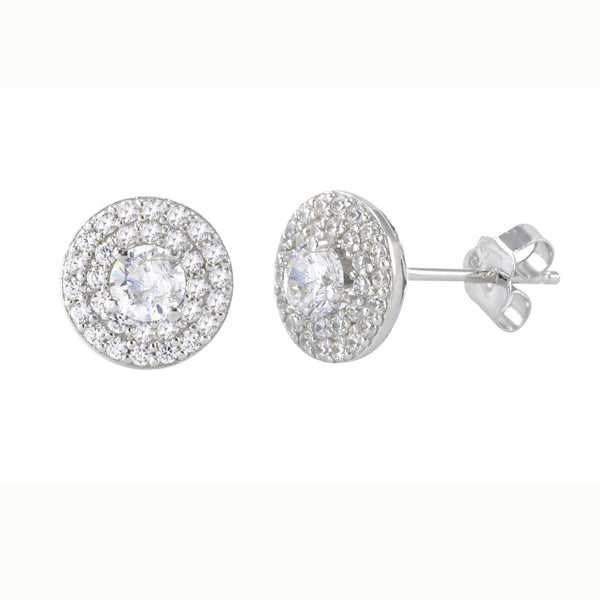 Stud Earrings Sterling Silver Pave White CZ Cubic Zirconia 9mm Circle MP Frame - Jewelryland.com