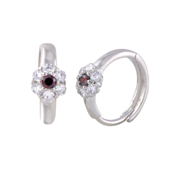 Sterling Silver Huggie Earrings Mini Flower CZ Birthstone Colors Hinged Hoops - Jewelryland.com