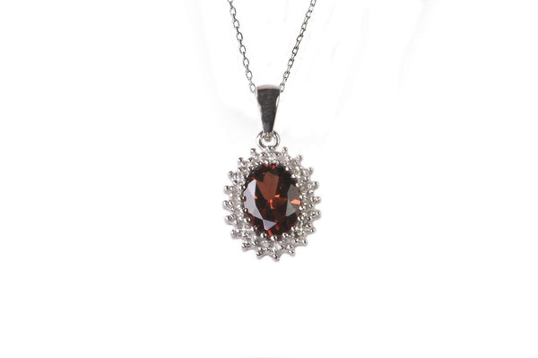 Sterling Silver Oval-Shaped .01 ct Diamond and Garnet Necklace