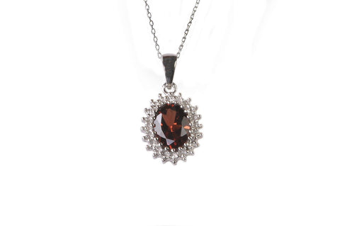 Sterling Silver Oval-Shaped .01 ct Diamond and Garnet Necklace