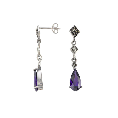 Sterling Silver Dangle Marcasite Earrings Amethyst CZ Cubic Zirconia Teardrop - Jewelryland.com