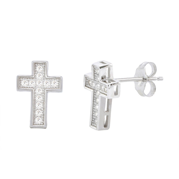Sterling Silver Cross Stud Earrings Micropave Cubic Zirconia 13mm x 9mm Pushback - Jewelryland.com