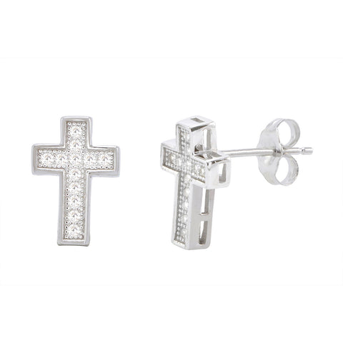 Sterling Silver Cross Stud Earrings Micropave Cubic Zirconia 13mm x 9mm Pushback - Jewelryland.com