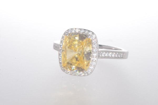 Sterling Silver Canary Yellow Cushion Cut Cubic Zirconia Ring - Jewelryland.com