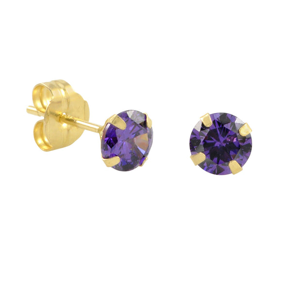 10k Yellow Gold Purple Amethyst CZ Stud Earrings Cubic Zirconia Round Prong Set - Jewelryland.com