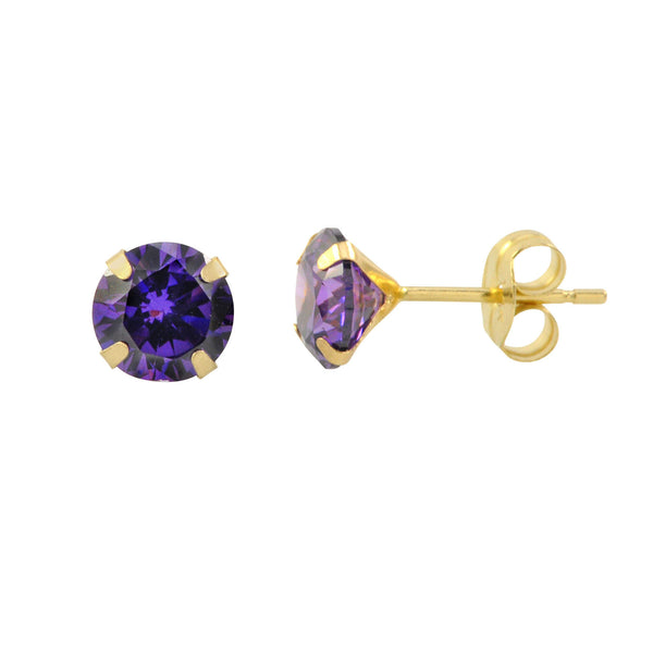 14k Yellow Gold Purple Amethyst Cubic Zirconia Stud Earrings Round Birthstone CZ - Jewelryland.com