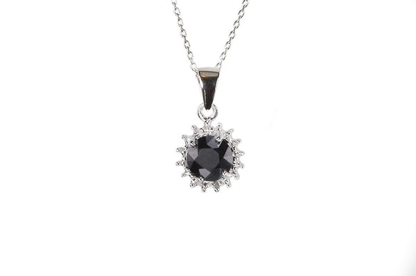 Sterling Silver Diamond (.04ct) and Dark Sapphire (.93ct) Round Pendant Necklace - Jewelryland.com