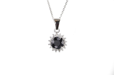 Sterling Silver Diamond (.04ct) and Dark Sapphire (.93ct) Round Pendant Necklace - Jewelryland.com