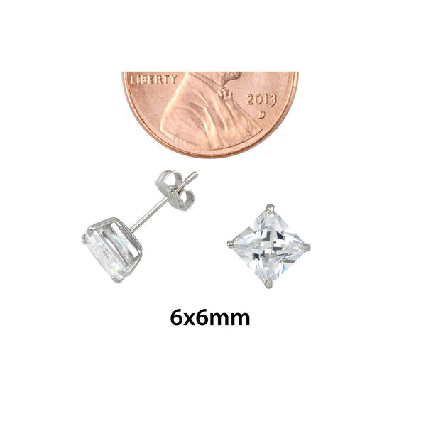 10k White Gold Square Stud Earrings Clear CZ Cubic Zirconia Princess Cut Basket - Jewelryland.com