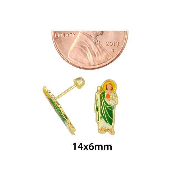 10k Yellow Gold Guadalupe Virgin Green Stud Earrings Screwback Hand Painted 14x6 - Jewelryland.com