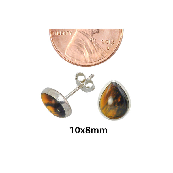 Tigers Eye Gemstone Earrings Sterling Silver Pear Shaped 10mm x 8mm - Jewelryland.com