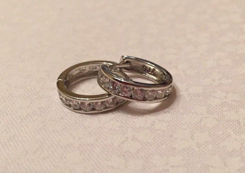 Sterling Silver Hoops Huggie Earrings Snap Closure CZ Cubic Zirconia 14mm x 3mm - Jewelryland.com