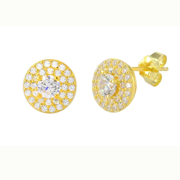 Stud Earrings Yellow Gold Plate Pave White CZ Cubic Zirconia 9mm Circle MP Frame - Jewelryland.com