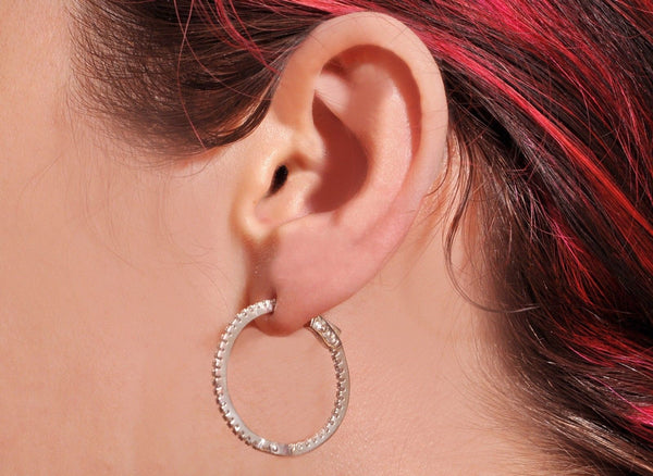 Cubic Zirconia Hoop Earrings CZ .925 Sterling Silver 29mm Push Latch Lock - Jewelryland.com